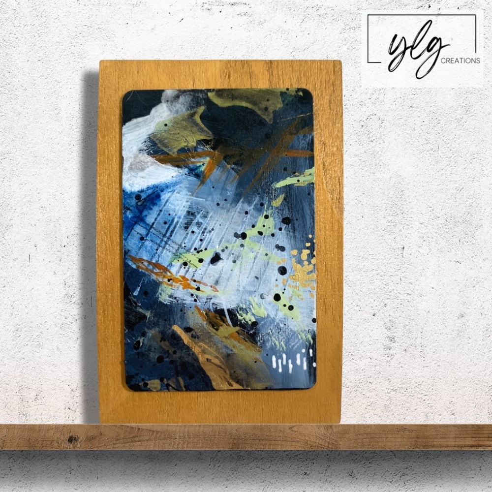 Original Mini Painting Abstract Acrylic Art Blue Black Gold Metallic Chances 1